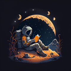 illustration of an astronaut reading book, for graphic element/sticker/t shirt design ideas.Generative AI Technology