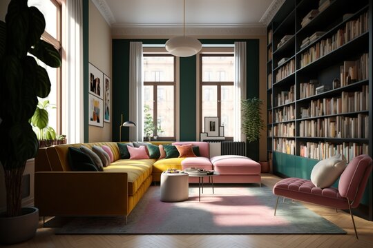modern living room open space with colorful sofas and cushions and full wall bookcase - huge windows overlooking the garden - Generative AI