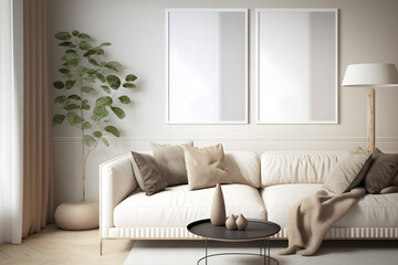 Beautiful Modern White Color Living Room with Two Large Picture Frames, Beige Color Sofa, Table, Lampshade and Plant, Generative AI