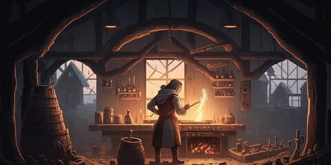 Medieval Blacksmith heating up ornamental iron curved piece in coal forge fire in his workshop cartoon illustration - generative AI