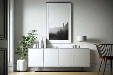 White Color Modern Minimalist Living Room with Large Picture Frame, Sideboard, Lampshade and Plant, Generative AI