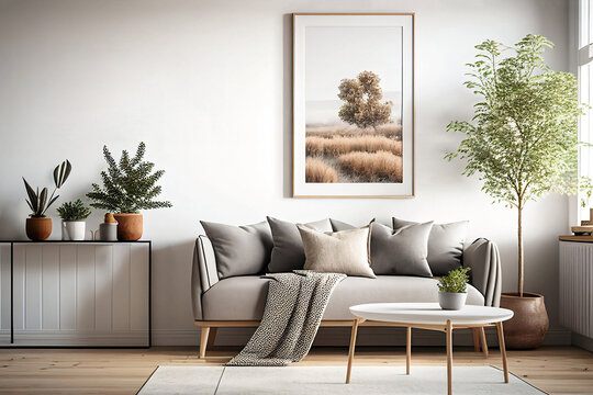 Calming Modern Scandinavian Style Living Room, White Interior with Large Picture Frame, Grey Color Sofa, Table, Plants and Sideboard, Generative AI