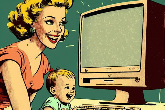 Vintage style illustration showing happy woman and child in front of blank computer screen with copy space. Pop art cartoon ideal for use as mockup, poster or wallpaper. Made with generative AI. 