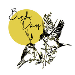 Vector illustration of the National Bird Day on a white background. Suitable for greeting card poster and banner. two sparrows are sitting on a branch. Drawing in linear style