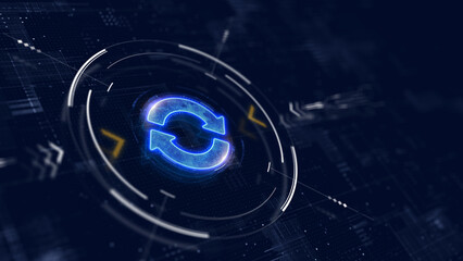 Two arrows icon on abstract technology background - update symbol. 3d symbol update, refresh icon - 3d rendering