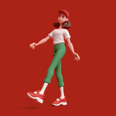 Cute tall excited smiling positive funny asian colorful active brunette k-pop girl wears fashion clothes green pants t-shirt, cap, socks, red sneakers walks has fun rejoices. 3d render on red backdrop