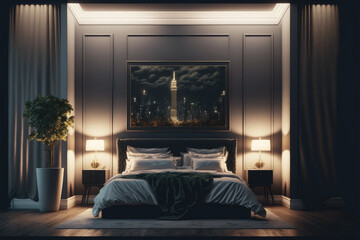 Interior of luxury penthouse bedroom at night. Peculiar AI generative image.