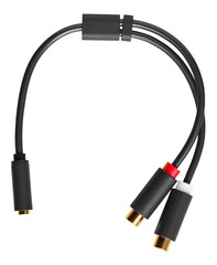 Cable adapter with mini jack socket and RCA sockets isolated on white background - 570980931