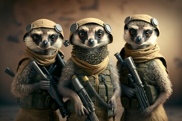Portrait of Meerkats dressed as military soldiers, generative ai