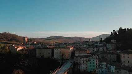 Italy, February 2023: aerial view of the medieval village of Pergola in the province of Pesaro Urbino in the Marche region