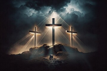 image, three crosses, gloomy sky and ray of light, generative ai