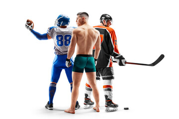 Fototapeta na wymiar Different sports. Back view. Professional athletes. Football, MMA, hockey. Winners