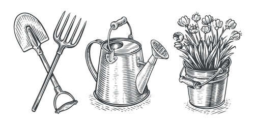 Garden, farm concept. Gardening set of items sketch. Agriculture, farming objects vintage vector illustration © ~ Bitter ~