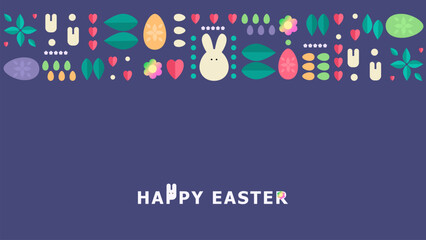 Happy easter Spring geometric mosaic card with rabbit, eggs and flowers. Merry hunting. Vector