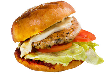 Burger with grilled chicken meat, tomato and melted cheese . Juicy chicken in a grilled burger - 570981988