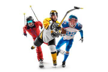 Obraz premium Skiing, hockey, football. Sport in action. Sport emotion. Professional athletes. Sport collage. Isolated in white