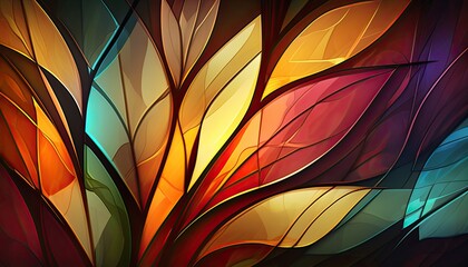 Abstract stained glass background. Warm, leafy colors from the summer and fall seasons. Generative AI.