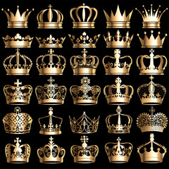 Illustration set of gold vintage crowns isolated on black background.