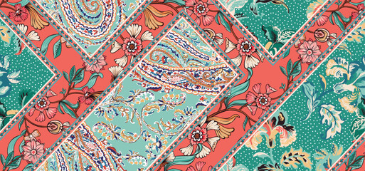 patchwork floral pattern with paisley and indian flower motifs. damask style pattern for textil and decoration	
