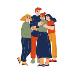 Happy Group of Young People Hugging Feeling Love and Positive Emotion Vector Illustration