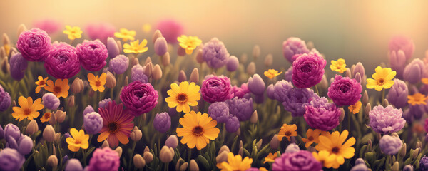 Obraz na płótnie Canvas A field of beautiful colorful spring flowers. Generative AI illustration
