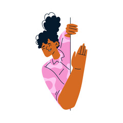 African American Woman Character Looking Out and Peeking from Corner or Wall Vector Illustration