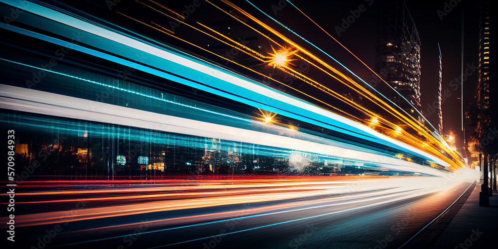 Wall mural abstract long exposure dynamic speed light trails in an urban environment. generative ai