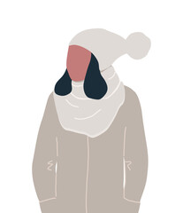Obraz premium Young woman in beige coat and white hat. Girl in warm winter clothes. Woman silhouette on white background. Vector illustration