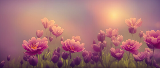 Spring flowers in the morning sun. Generative AI illustration