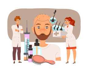 Man Character Doing Hair Transplantation Suffer from Alopecia or Baldness Vector Illustration