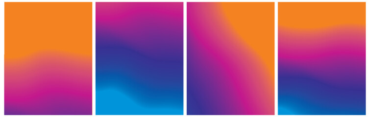 Set of 4 Vector Layouts with Gradient Colorful Wavy Lines. Orange-Red and Purle-Violet Backgound. Simple Geometric Minimalist Prints without Text ideal for Cover, Flayer, Banner, Blanks.
