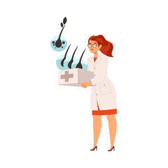 Young Woman Trichologist or Hair Doctor Standing in White Coat and Hair Follicle Vector Illustration