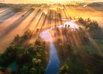 Aerial view of beautiful curving river in fog at sunrise in autumn in Ukraine. Turns of river, meadows, orange grass, foggy trees, golden sun rays at dawn in fall. Colorful landscape. Top drone view