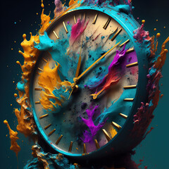 The clock is splashed with paint. Solid background. Generative AI. The hands of the clock, the time. Multicolored.