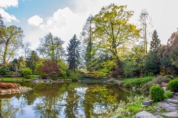Fototapeta na wymiar Amazing panorama of Japanese garden with reflection in water and stepping stones