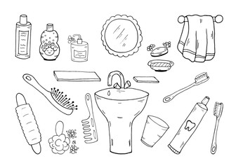 Doodle Set Bathroom items. Vector hygiene baby, children coloring. Hand drawn illustration line art.