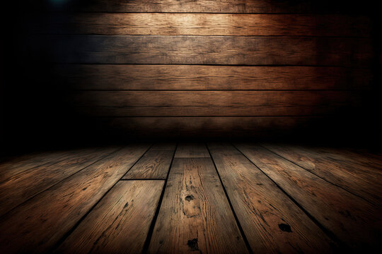Dunkler leerer Raum aus verwitterten braunem Holz mit Lichtspot, Holzraum 