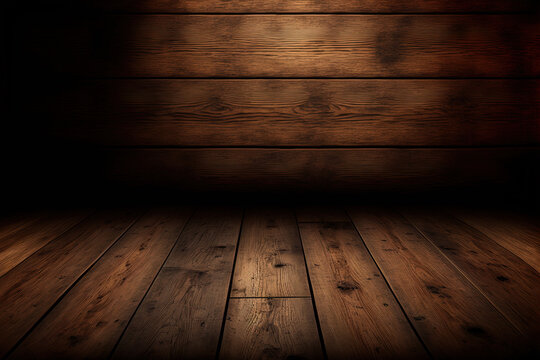 Dunkler leerer Raum aus braunem Holz mit Lichtspot, Holzraum 