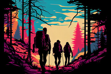 Campers on hike. pop_art style.