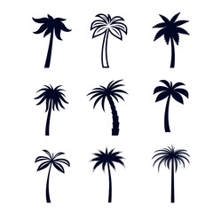 Set of African Rainforest Coconut Trees or Tropical Palm Trees on white Backdrop. Simple Black Silhouette for Posters, Banners and Promotional Items