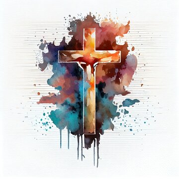 abstract watercolor crucifix of christian Jesus easter resurrection background. AI Generative Art.