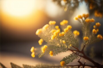 golden autumn leaves, close-up on mimosa yellow plants, generative AI