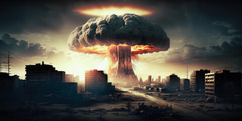 Nuclear war, mushroom-shaped explosion, crumbled city at night, Generative AI