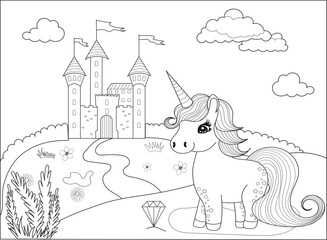 unicorn and castle cartoon coloring book isolated, vector