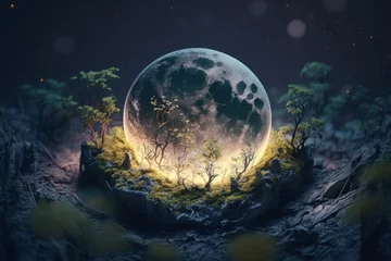 Wall murals Full moon and trees Clode-up oon laying down in a field, Generative AI