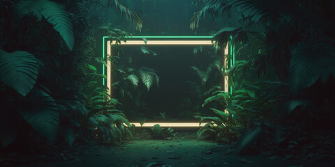 Tropical leaves background, glowing yellow neon frame in the center, Generative AI
