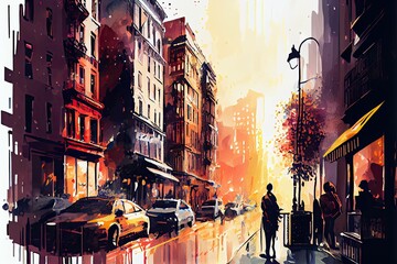 Watercolor paintings of city and street scenes, backgrounds, wallpaper, poster design