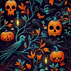 Vibrant and colorful patterns, geometric shapes, 3D, Halloween theme