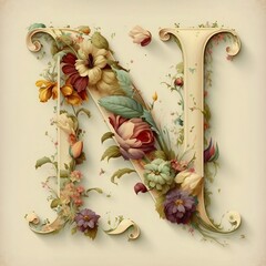 Capital Letter N embossed with flowers	