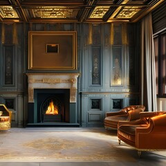 a room with a fireplace and comfortable-looking armchairs in front of it3, Generative AI